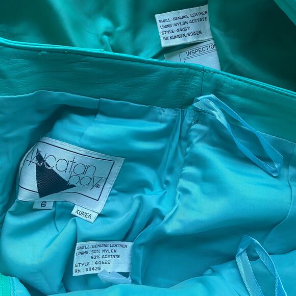 Vintage 80s Yucatan Bay Teal 2 Piece Leather Mini Skirt Jacket Matching Suit Set - Picture 11 of 11